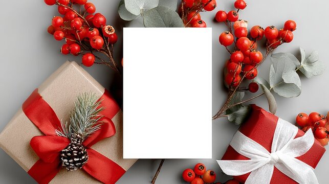 Festive holiday gift boxes wrapped in red and gold ribbons, surrounded by vibrant seasonal foliage and berries, featuring a blank card for personalized messages and creative designs