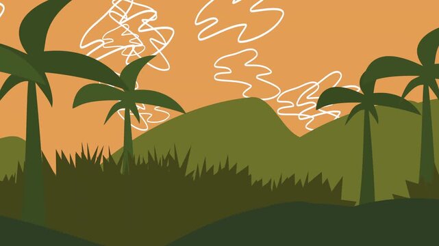 sunset palm scene, horizon with palms and hills, calm sunset over green rolling hills