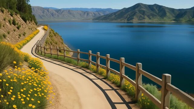 A sunlit dirt path curves gently along a lakeshore, bordered by a wooden fence and bright yellow wildflowers, with deep blue water and green mountains rising in the distance. The vibrant colors and cl