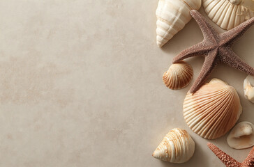 Coastal serenity with seashells and starfish creating a tranquil beach vibe for summer vacation themes
