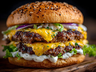Double smash burger with cheese lettuce onion dressin. Two hefty ground beef patties cheeseburger with crisp romaine sliced allium creamy condiment a tasty diner classic culinary