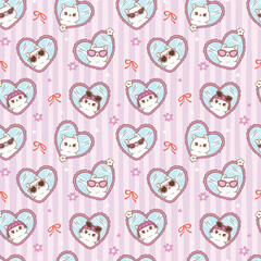 Cute Girly Self Love Cat Heart Frame Seamless Pattern Cartoon Hand Drawn Repeat Background