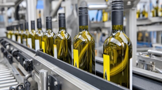 Numerous filled glass bottles move along an industrial conveyor belt system