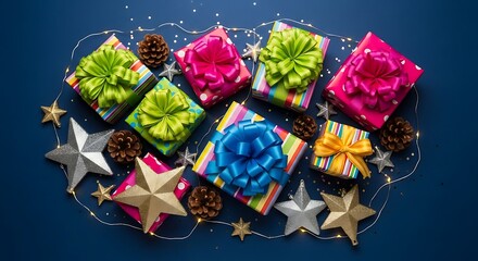Vibrant holiday gifts, stars, pinecones, string lights on blue.