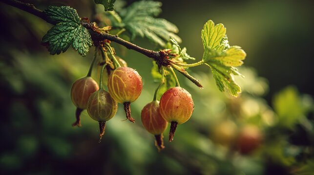 Captivating artistic close-up showcasing gooseberries on a curved branch against a gently dappled, warm summer background with an out-of-focus charm