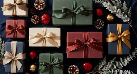 Variety of neatly wrapped gifts with festive holiday decor flat lay