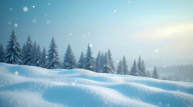 A serene winter landscape featuring a snow covered foreground with soft, undulating snowdrifts and a blurred forest in background