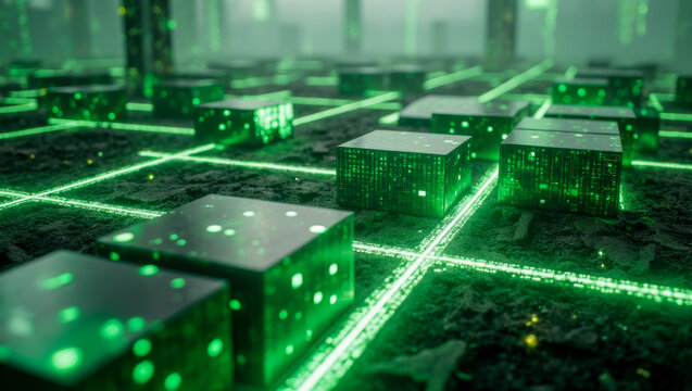 An interconnected cybernetic landscape, with luminous green cubes and glowing pathways