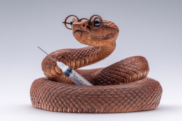Whimsical snake doctor with glasses holding syringe represents novel healthcare solutions and medical humor, perfect for quirky medical campaigns