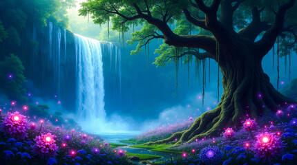 A mystical forest scene, showcasing a vibrant and enchanting landscape