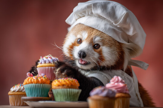 Adorable red panda chef with a tower of cupcakes, ready to bake up some sweet treats for your next project or campaign! Delicious and delightful!