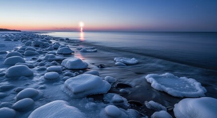 Ethereal Winter Seascape with Icy Rocks and Distant Fireworks at Twilight