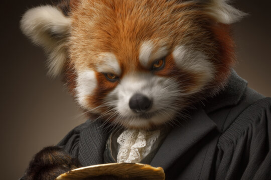 Intelligent red panda, a lawyer, contemplates a legal case, perfect for humorous legal content or quirky animal advocacy campaigns, a truly unique image