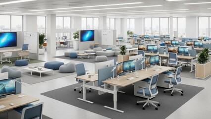 A bright and modern office space fostering collaboration and productivity in a spacious layout