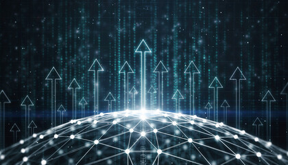 Naklejka premium Digital Advancement: An abstract depiction of digital advancement features a network sphere, intersected by upward arrows, symbolizing growth, progress, and interconnectedness.