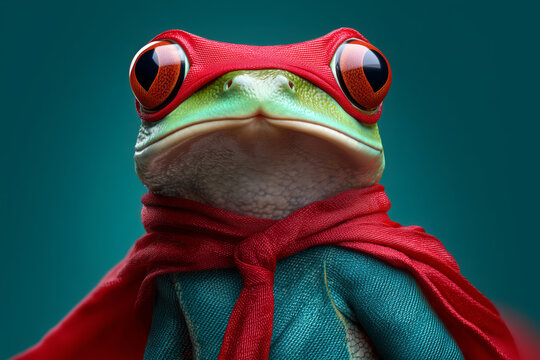 Whimsical superhero frog with vibrant red mask and cape, ready for adventure and fun, perfect for children's books and playful branding, adorable amphibian hero