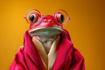 Whimsical red frog with glasses and robe against a vibrant background radiates charm, perfect for unique greeting cards or quirky designs and humorous campaigns