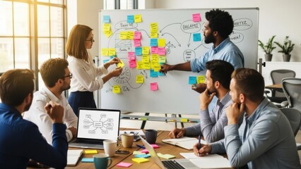 Brainstorming session in modern office with diverse team developing new strategies and project