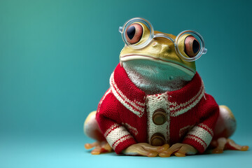Adorable frog wearing glasses and a cozy sweater, perfect for a humorous greeting card or whimsical project celebrating uniqueness and individuality