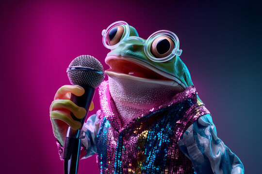 Groovy frog rocks the stage with retro glam vibes, singing his heart out in a dazzling sequin jacket, ready for party invitations and fun designs