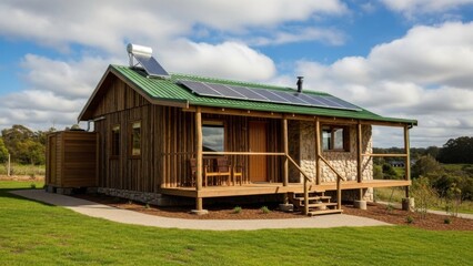 Obraz premium Charming wooden cabin with solar panels nestled in serene natural surroundings under sunny sky