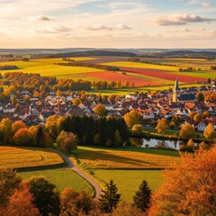 Idyllic Autumnal Village Landscape with Church and Colorful Patchwork Fields at Golden Hour Sunset