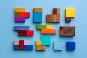 Colorful wooden triangle puzzle pieces arranged in a diamond pattern on a vibrant blue background, symbolizing creativity and problem solving