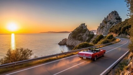 Coastal road trip in vintage convertible at sunset scenic vista exploring nature