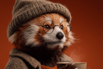 Adorable red panda with glasses enjoys a cozy drink, radiating warmth and charm in a stylish knit hat and sweater outfit, perfect for heartwarming projects
