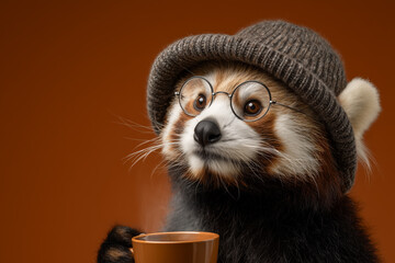 Adorable red panda wearing glasses and a hat, enjoying a steaming cup of coffee - perfect for whimsical designs and heartwarming animal content