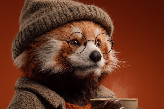 Adorable red panda with glasses enjoys a cozy drink, radiating warmth and charm in a stylish knit hat and sweater outfit, perfect for heartwarming projects