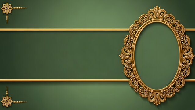Elegant gold frame on green wall with decorative accents for display - Powered by Adobe