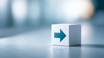 White cube with blue arrow symbol on smooth surface with blurred background representing direction and movement