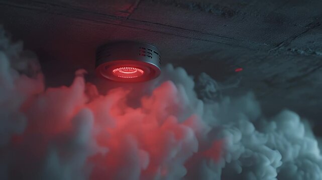 A critical safety device, a smoke detector with an urgent red light, signals an immediate potential fire emergency, filling the enclosed space with thick white smoke
