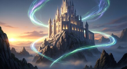 Majestic Fantasy Castle on a Mountain Peak, Illuminated with Glowing software and Enveloped by Swirling Iridescent Magical Light Trails Under a Dramatic Sunset Twilight Sky
