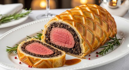 Perfectly Cooked Beef Wellington, Sliced to Show Rare Tenderloin, Mushroom Duxelles, and Golden Lattice Pastry, Elegantly Plated with Rosemary and Pink Peppercorns