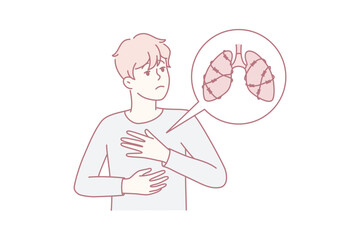 person clutching chest pointing lungs diagram, anxious expression suggesting respiratory distress, hand