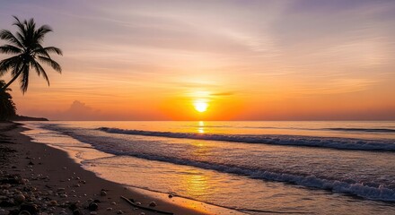 Golden sunset over a tropical beach with a palm tree silhouette and gentle ocean waves.