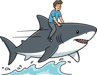 Cartoon illustration of a man riding a shark through the ocean.