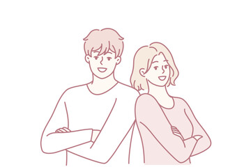 two partners standing back-to-back showing teamwork and mutual confidence in casual pose, upbeat expressions, contemporary line illustration conveying trust and startup energy