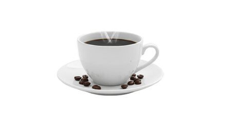 White Ceramic Cup of Hot Black Coffee with Coffee Beans on Saucer – Classic Morning Beverage for Cafes, Offices, and Home Kitchens – Perfect Image for Coffee Shop, Breakfast, and Energy Boost Concepts