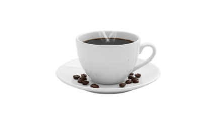 White Ceramic Cup of Hot Black Coffee with Coffee Beans on Saucer – Classic Morning Beverage for Cafes, Offices, and Home Kitchens – Perfect Image for Coffee Shop, Breakfast, and Energy Boost Concepts