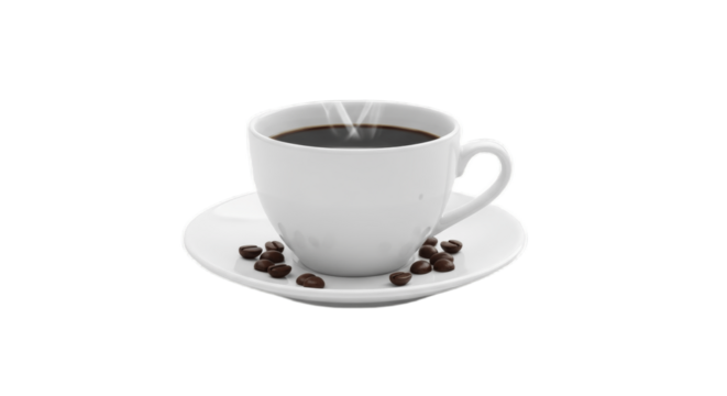 White Ceramic Cup of Hot Black Coffee with Coffee Beans on Saucer – Classic Morning Beverage for Cafes, Offices, and Home Kitchens – Perfect Image for Coffee Shop, Breakfast, and Energy Boost Concepts