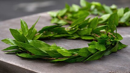 Fototapeta premium laurel. A wreath of laurel leaves in natural sunlight against a soft background. gardening catalogs, home-decor guides, designed for home decor and floral branding, used by videographers.