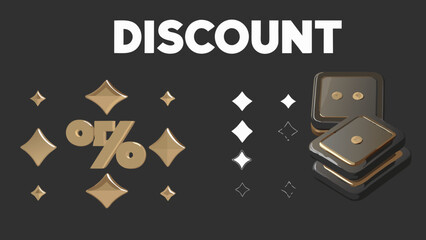 Discount promotion with gold percentage sign and dice stack on dark background for advertising campaign