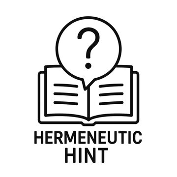 Black and white hermeneutic hint icon with open book and question mark in speech bubble, symbolizing interpretation and textual analysis