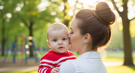 Close-up of a mother kissing her infant outdoors, expressing familial love, connection and tenderness, set against a sunlit park scene