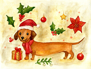 Grazioso bassotto con cappello di babbo Natale e sciarpa, con decorazioni natalizie sullo sfondo, illustrazione ad acquerello