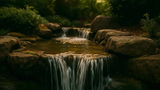 A small, gentle waterfall tumbles over smooth rocks into a quiet pool, surrounded by lush greenery and soft, golden light. The intimate scale and warm tones make the scene feel like a peaceful hidden 