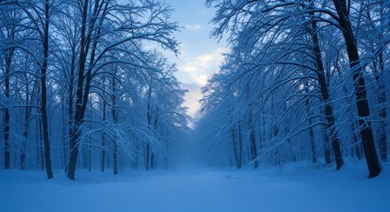Serene Blue Winter Forest Path with Snow-Covered Trees and Icy Branches